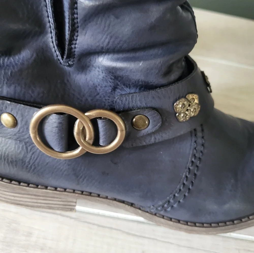 Rieker Women Peggy Blue Ankle Winter Boots Buckle‎ Side Zipper 5.5 US 36 EU